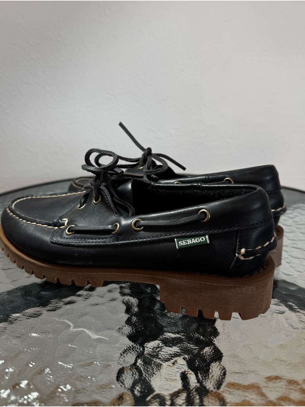 Sebago Ranger Waxy Black Leather Lug Sole Boat Shoes Size 8